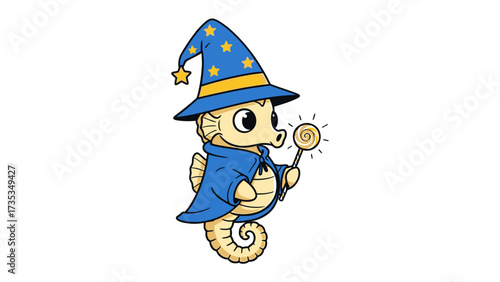 Whimsical Seahorse Wizard: An enchanting illustration of a seahorse adorned as a wizard, complete with a pointed hat and a magical wand, casting a spell in a playful underwater scene.