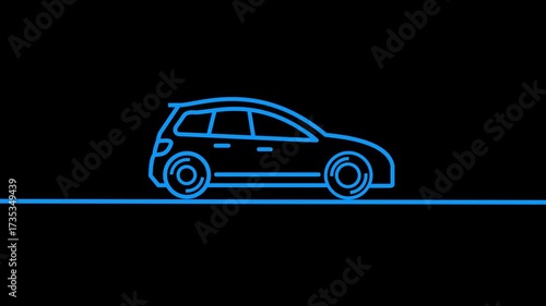 Animated hatchback white icon. Family car line animation. Moving vehicle, spinning wheels. Compact automobile. Isolated illustration on dark background.4k animation.