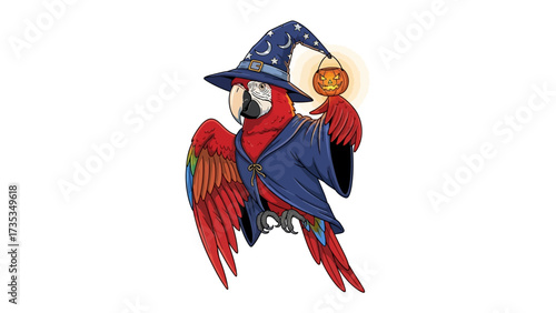 Magic Macaw's Enchanted Night: A vibrant macaw dons a wizard's hat and robe, holding a glowing pumpkin lantern. This whimsical illustration captures the spirit of fantasy.