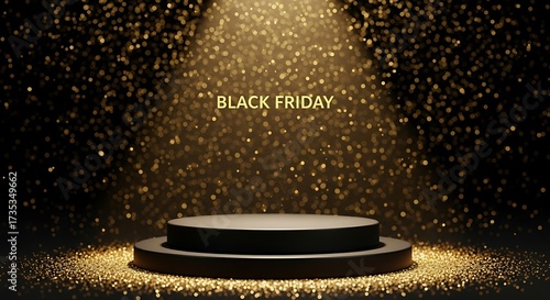 Black Friday sale event with spotlight and falling gold confetti