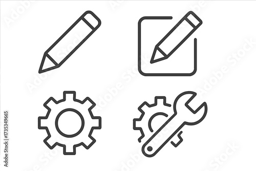 Edit, settings, and configuration line icon set. Pencil for writing, gear for options, wrench for setup. UI UX web design elements. Vector pictogram collection isolated.