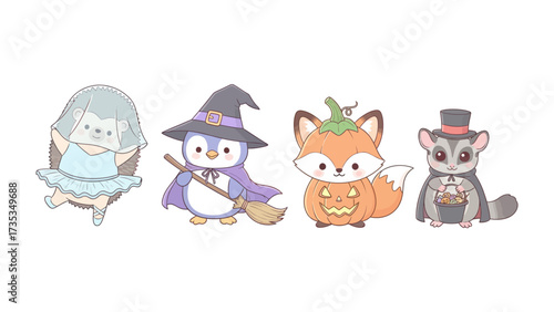 Halloween Animals Cartoon: A collection of adorable cartoon animals dressed up in Halloween costumes including witch, pumpkin, top hat, and ballerina. Perfect for festive designs.