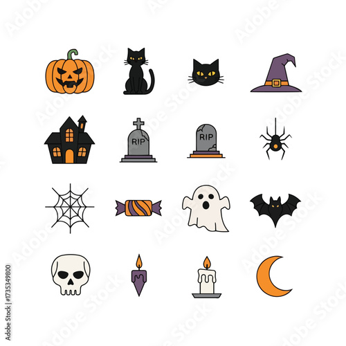 Halloween Icons Clip Art A Spooky and Mystic Collection for Invitations, Featuring Comic Humor, Mystery, and Laughing Pets for a Fearful Yet Fun Spirit