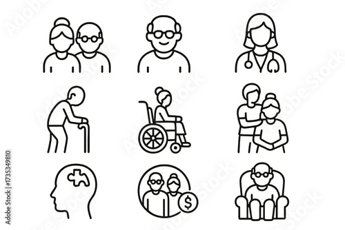 Elderly care and senior lifestyle line icon set. Vector symbols for retirement, pension, grandparents, caregiver, doctor, alzheimer, nursing home, and medical assistance.
