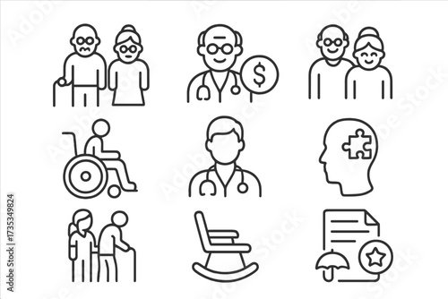 Elderly care line icon set. Senior health, retirement, pension, grandparents, wheelchair, doctor, Alzheimer. Caregiver, nursing home, disability vector collection. Editable stroke.