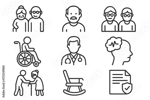 Elderly care line icon set. Senior lifestyle, retirement, pension concepts. Grandparents, doctor, caregiver, alzheimer, wheelchair, nursing home, medical assistance vector.