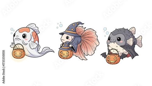 Aquatic Halloween Trio: Three charming fish, each uniquely costumed for Halloween, gather with pumpkin baskets. This adorable illustration invites smiles. 