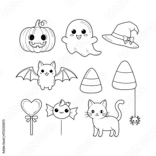 Halloween themed kawaii drawings: pumpkin, ghost, bat, cat, candy.