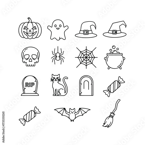 A collection of black and white line art icons depicting various Halloween symbols like pumpkins, ghosts, witches' hats, skulls, spiders, cauldrons, bats, and candy.