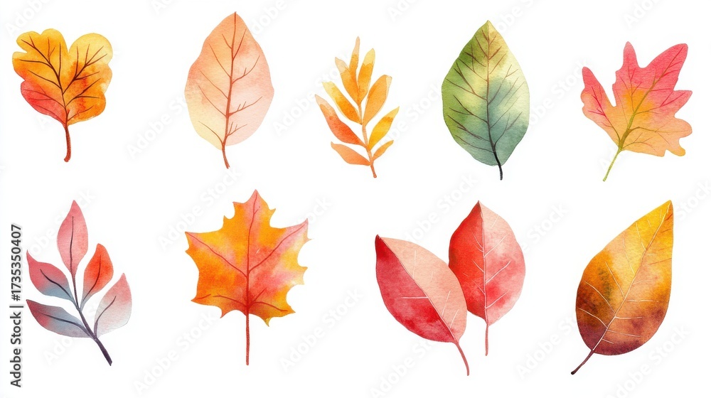 Fototapeta premium Illustration of colorful autumn leaves on white background