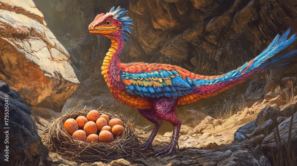 Fototapeta premium Majestic theropod dinosaur standing near nest in rocky cave