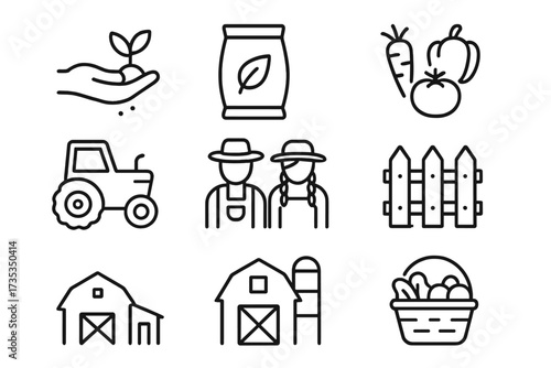 Farming and agriculture line icon set. Vector collection of farm symbols. Includes farmer, tractor, barn, silo, vegetables, planting seedling, harvest basket, and fence.