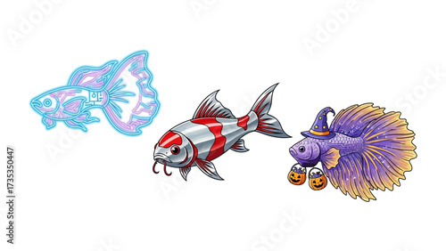 Whimsical Aquatic Trio: Vibrant illustration featuring three distinct aquatic creatures. A playful scene with a guppy, a koi fish, and a betta fish, each rendered in captivating artistic detail.