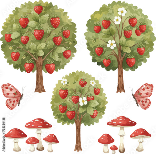 Whimsical red apple trees and butterflies mushroom grove nature
