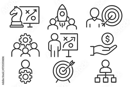 Business strategy line icon set. Vector collection. Concepts for startup, teamwork, planning, financial goals, management, targeting success, corporate development, and organization.