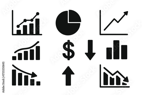 Business graphs and charts icon set for infographics. Vector collection of statistic and data diagrams. Money symbol with down or up arrows for economy reduction or growth.