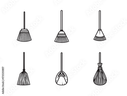 Elegant Broom Icon Collection Minimal Line Art Vector Style