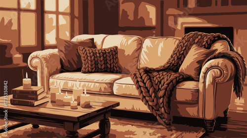 Cozy living room scene featuring a plush sofa adorned with knitted pillows and a chunky throw blanket illuminated by candlelight
