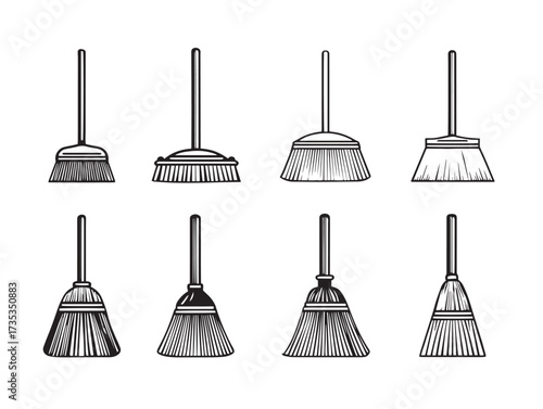 Modern Broom Symbol Pack Outline Vector Illustration Artwork