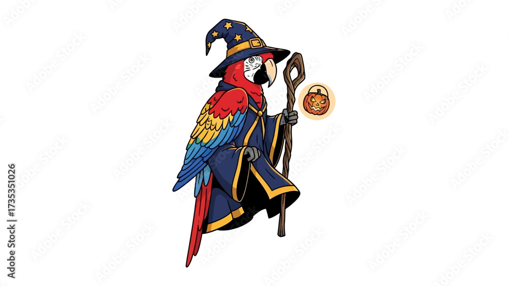 Φωτογραφία Wizardly Parrot in Enchanting Robes: A whimsically illustrated parrot dons a wizard's hat and robe, brandishing a mystical staff and a Jack-o'-lantern pendant, conjuring a spell of Halloween magic