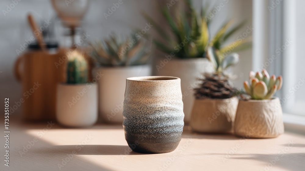 custom made wallpaper toronto digitalCozy kitchen flat lay scene with a decorative ceramic tumbler and potted plants