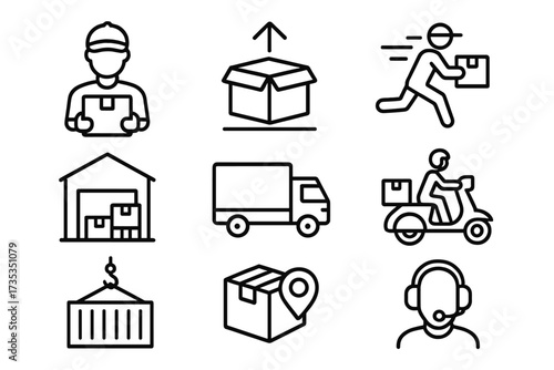Delivery and logistics line icon set. Courier, shipping, express delivery. Warehouse, truck, scooter, container, order tracking, support. Vector symbols for web and mobile app.