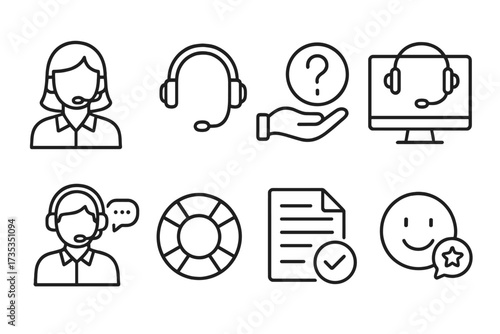 Customer service web icon set in line style. Support, help, online, feedback, assistance collection. Call center operator, agent with headset, faq, rating vector icons.