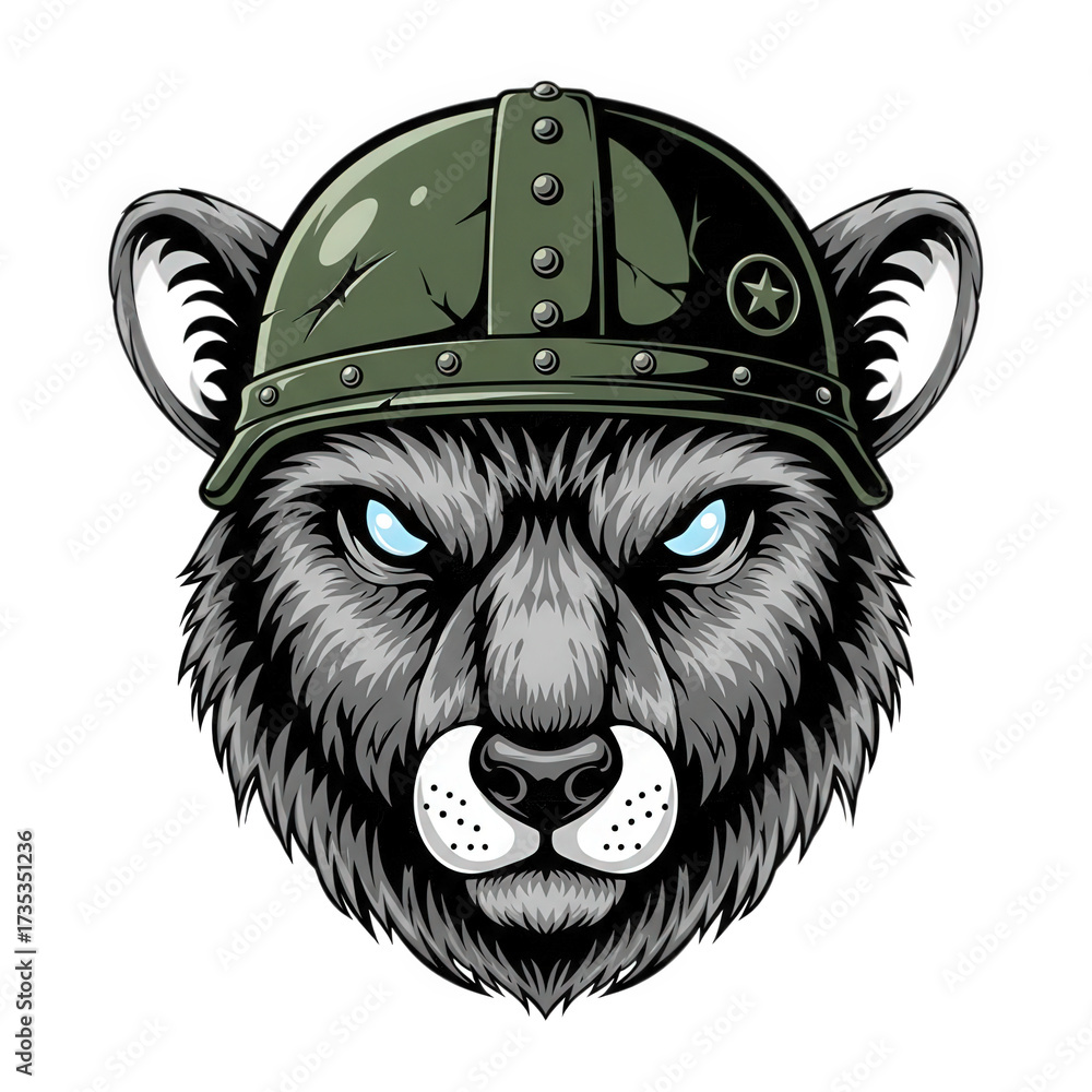 Fototapeta premium Fierce wolf wearing a military helmet isolated on transparent background