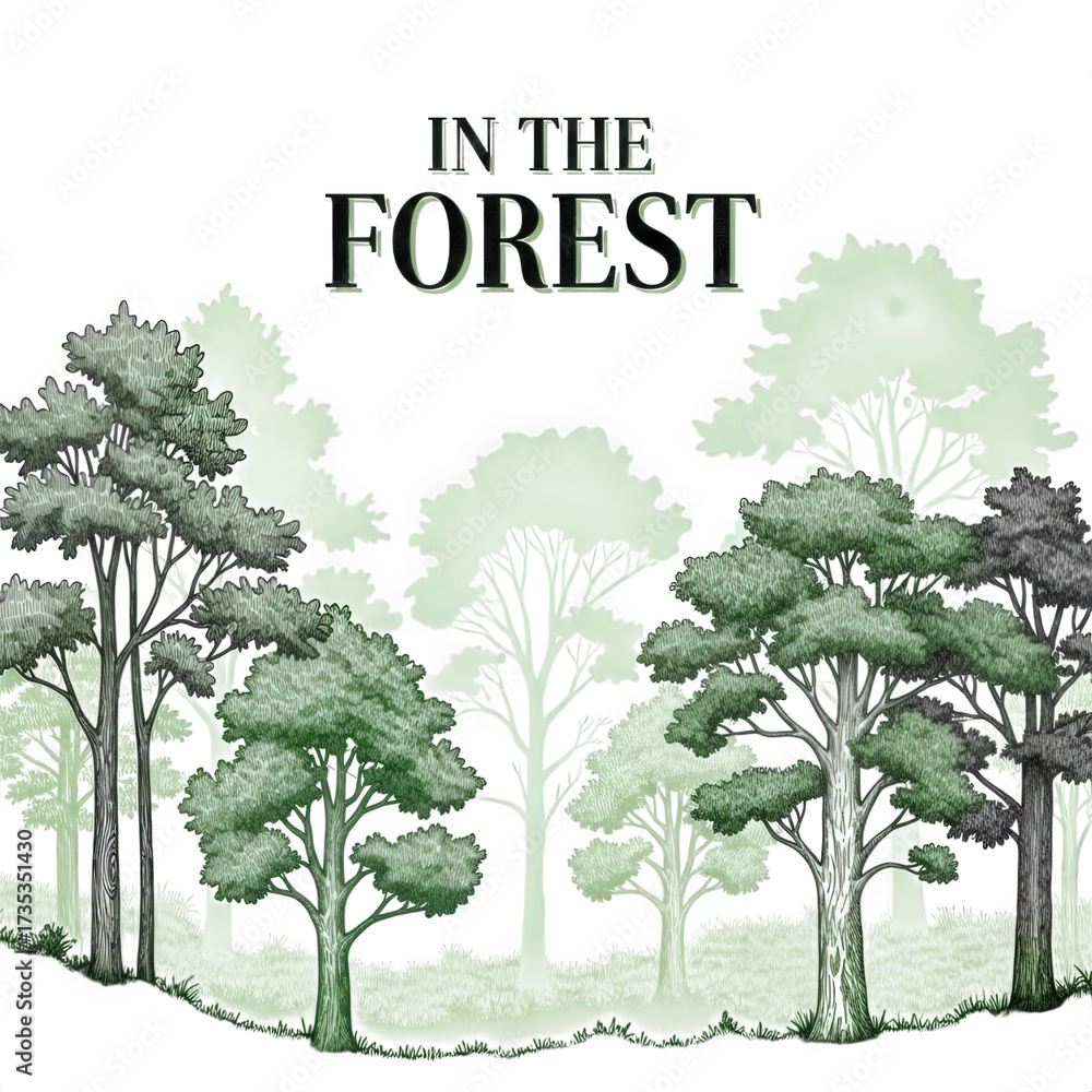 Obraz premium Stylized forest scene with text isolated on transparent background