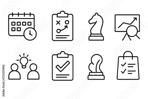 Action plan line icon set. Business strategy, project management concepts. Schedule, analysis, collaboration, implementation, check. Goal, deadline, teamwork vector symbols.