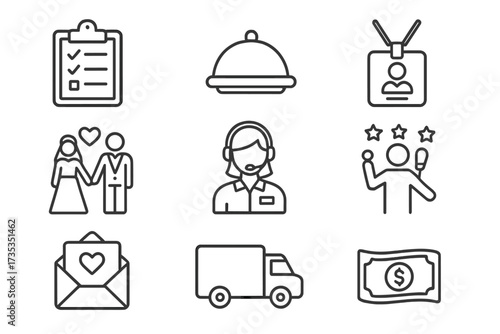 Event planning line icons set. Vector pictograms for business management, catering, guest registration, wedding coordination, party entertainment, invitations, and logistics service.