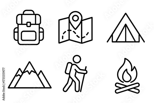 Adventure travel icon set in thin line style. Journey, camping, mountain, hike vector symbols. Outdoor exploration, tourism concepts. Backpack, map, tent, campfire signs.