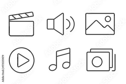 Audio and Video web icons collection in thin line style. Cinema clapper, speaker, online media, picture, play button, music note vector symbols for web and app design UI.
