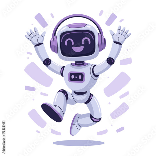 Joyful dancing robot with headphones, confetti sparks, upbeat celebration pose, friendly party mascot, energetic technology character, vector artwork