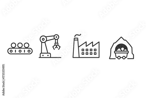Industrial process and manufacturing icon collection. Line art icons for mass production, automation, and mining. Features factory, robotic arm, conveyor belt, and mine symbols.