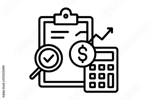 Financial audit and accounting line icon. Business assessment, investment analytics, and tax inspection concept. Vector illustration with calculator, report, and growth chart.