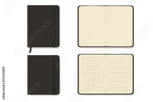 Realistic black notebook set vector. Open and closed journal with blank and lined pages. Diary, planner or organizer mockup template isolated on white for your design.