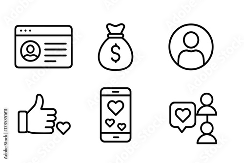 Blogger and influencer marketing web icons in line style. Blog monetization, personal brand, video content, likes, social media engagement and online community vector collection.