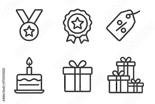 Gift and reward line icon collection. Vector symbols for bonus, prize, award, loyalty program. Medal, rosette, discount tag, birthday cake, gift box for web and app design.
