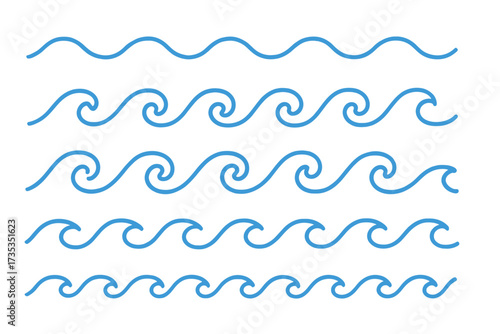 Blue line wave icon set. Vector seamless marine ocean water pattern. Simple sea wave ornament collection. Abstract surf ripple decoration. Liquid flow graphic elements design.