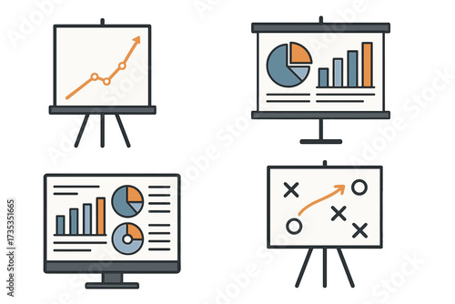 Business presentation icon set with data visualization charts. Vector illustration of flip chart, screen with graph, diagram. Market analysis, statistics, business strategy concept.