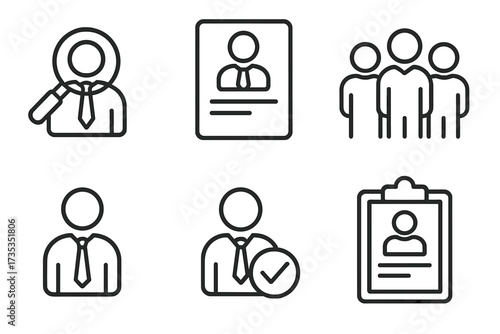 Recruitment and job hiring line icon set. Headhunting, career, human resources concepts. Vector icons collection: resume, candidate search, work group, employee selection.