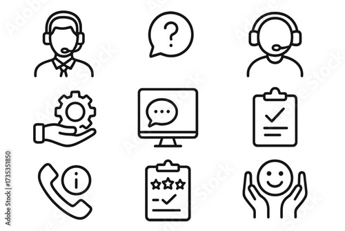 Customer service line icon set. Collection for web and mobile. Includes support, helpdesk, call center agent, online chat, feedback, rating, and customer satisfaction symbols.