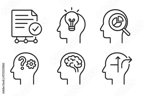 Critical thinking line icon set. Icons for facts, analysis, problem-solving, rational decision making. Metaphor for logic, creativity, mind, business strategy, and innovation.