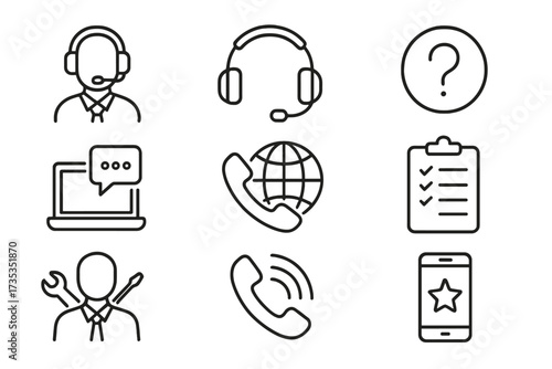 Customer service web icon set. Line art symbols for support, help, online chat, and feedback. Contact us, call center operator, and technical assistance thin line icons.