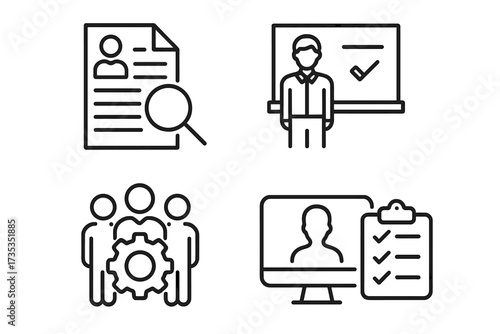 Human resources and hiring process web icons in thin line style. Recruitment, candidate search, CV review, training, teamwork, and job application concepts. Vector collection.