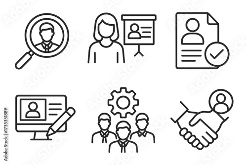 Hiring process line icon set. Human resources, recruitment, job search, and candidate selection symbols. Vector collection for web and app design. Employee onboarding and training.