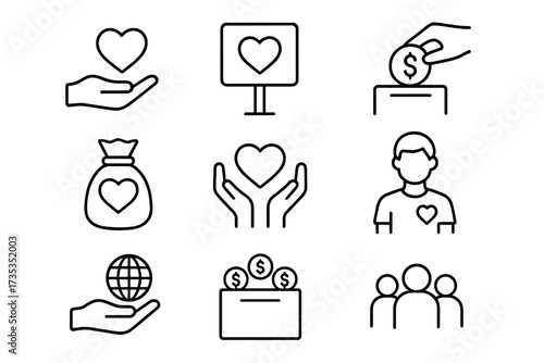 Donation and charity web icon set in line style. Concepts of nonprofit, fundraising, volunteering, and community support. Vector illustration of giving money, help, and care.