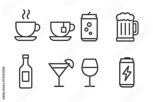 Drinks and beverages icon set. Linear collection of coffee, tea, soda, beer, cocktail, wine, and energy drink symbols. Minimalist outline pictogram for web and mobile apps.