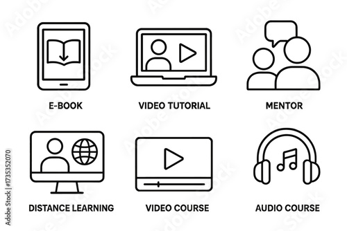 E-learning icon set for online education. Line art symbols for video tutorial, webinar, e-book, and audio course. Distance learning and mentorship pictogram collection.